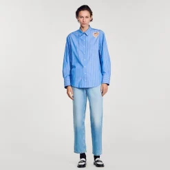 Tops & Chemises*SANDRO Chemise à Rayures Et Cœur Strassé Bleu Ciel