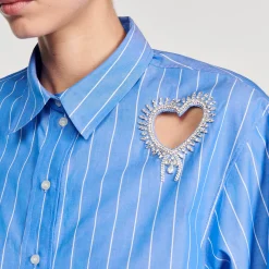 Tops & Chemises*SANDRO Chemise à Rayures Et Cœur Strassé Bleu Ciel