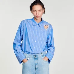 Tops & Chemises*SANDRO Chemise à Rayures Et Cœur Strassé Bleu Ciel