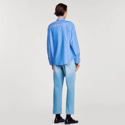 Tops & Chemises*SANDRO Chemise à Rayures Et Cœur Strassé Bleu Ciel