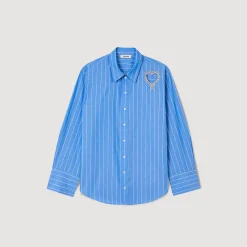Tops & Chemises*SANDRO Chemise à Rayures Et Cœur Strassé Bleu Ciel