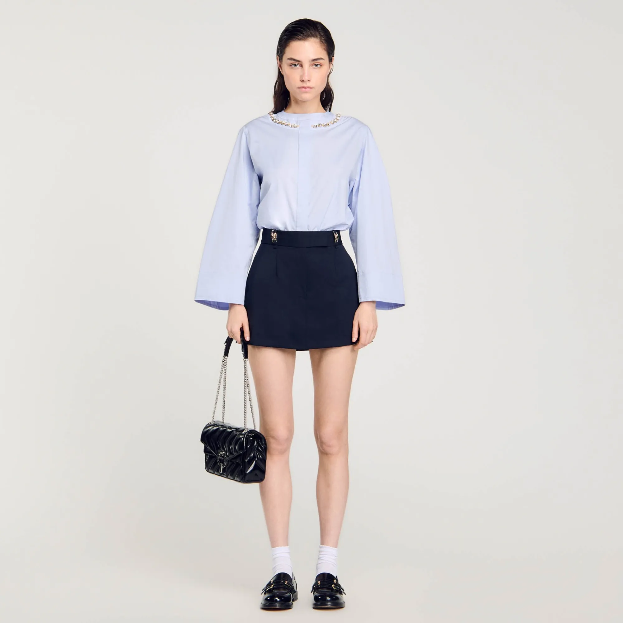 Tops & Chemises*SANDRO Chemise Courte à Col Bijou Bleu Ciel