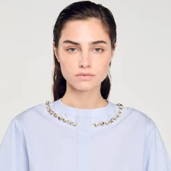Tops & Chemises*SANDRO Chemise Courte à Col Bijou Bleu Ciel