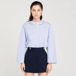 Tops & Chemises*SANDRO Chemise Courte à Col Bijou Bleu Ciel