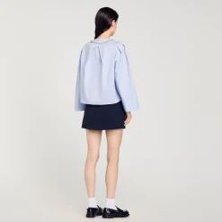 Tops & Chemises*SANDRO Chemise Courte à Col Bijou Bleu Ciel