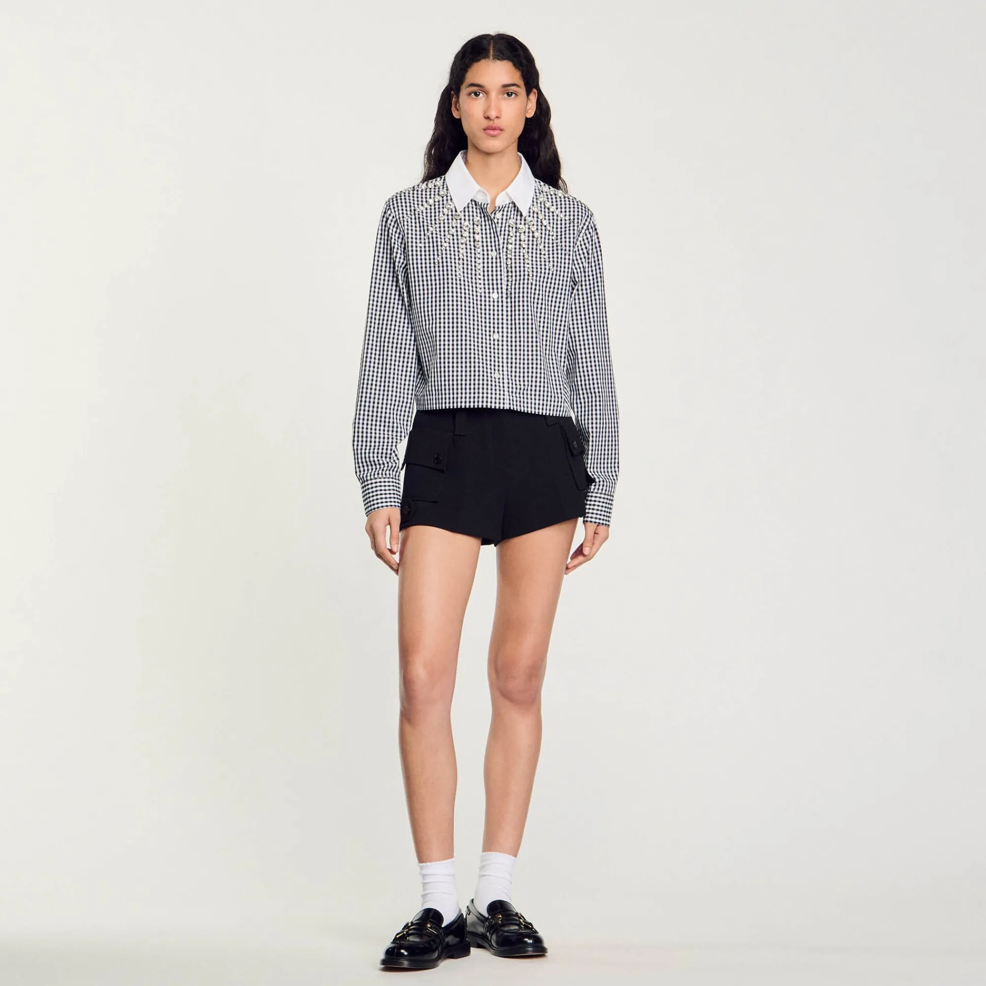 Tops & Chemises*SANDRO Chemise Courte à Plastron Strassé Noir