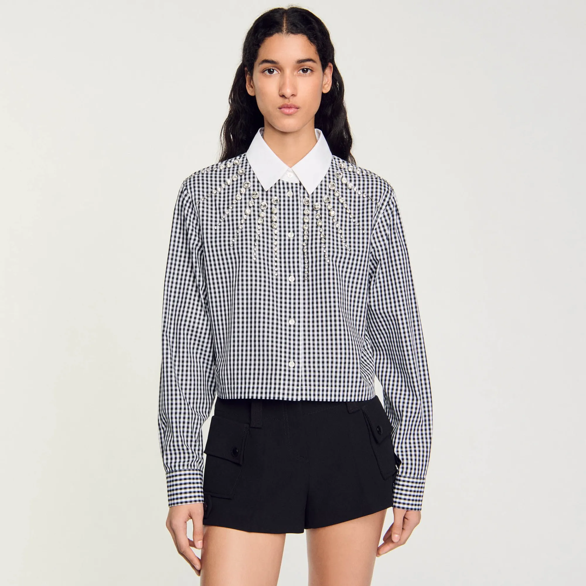 Tops & Chemises*SANDRO Chemise Courte à Plastron Strassé Noir