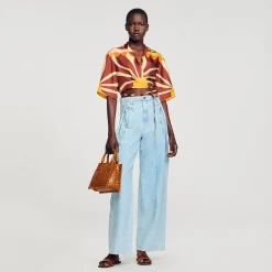 Ensembles|Tops & Chemises*SANDRO Chemise Courte En Soie Imprimée Marron