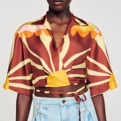 Ensembles|Tops & Chemises*SANDRO Chemise Courte En Soie Imprimée Marron