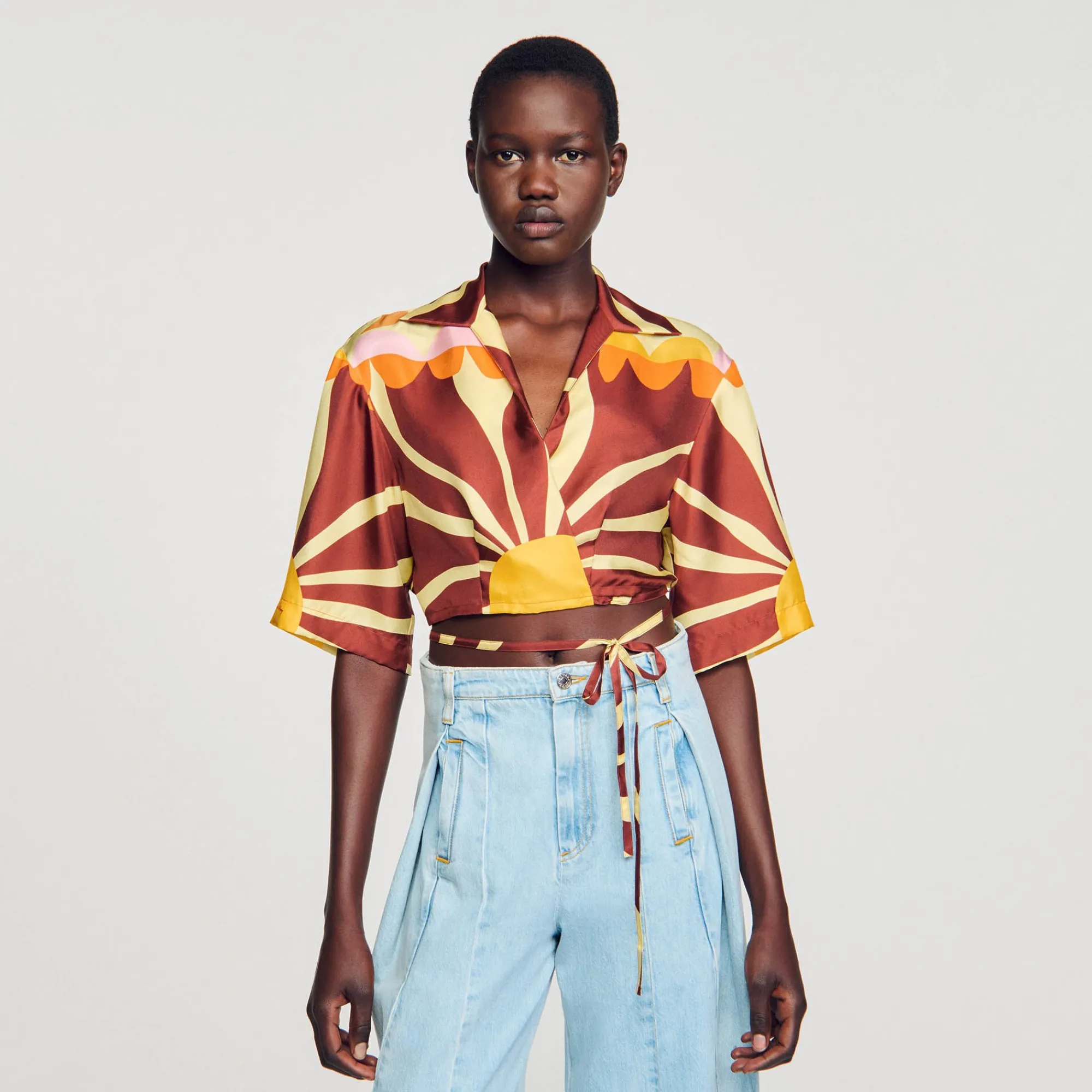Ensembles|Tops & Chemises*SANDRO Chemise Courte En Soie Imprimée Marron