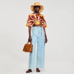 Ensembles|Tops & Chemises*SANDRO Chemise Courte En Soie Imprimée Marron