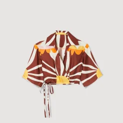 Ensembles|Tops & Chemises*SANDRO Chemise Courte En Soie Imprimée Marron