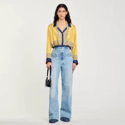 Ensembles|Tops & Chemises*SANDRO Chemise Courte En Soie Imprimée Jaune / Bleu
