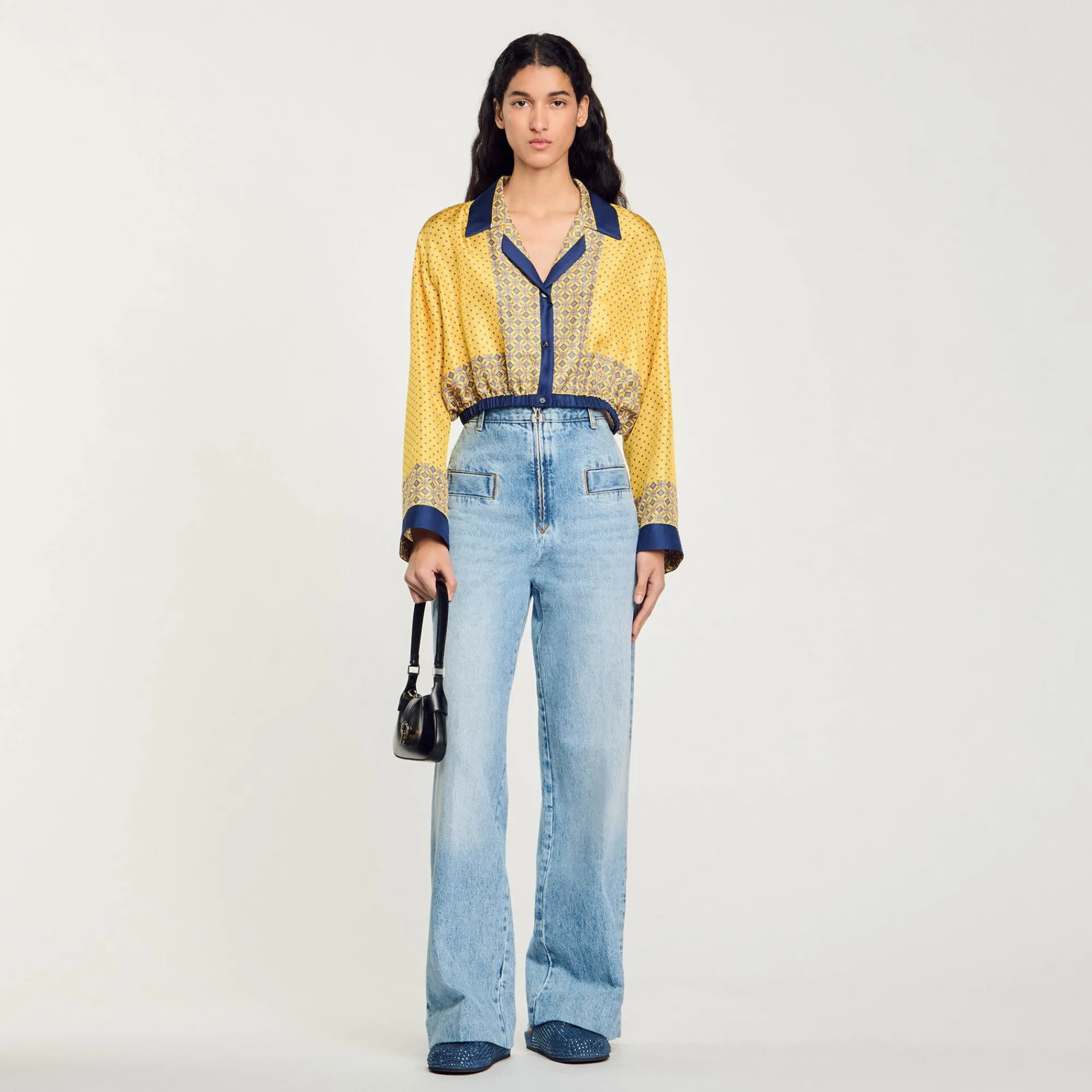 Ensembles|Tops & Chemises*SANDRO Chemise Courte En Soie Imprimée Jaune / Bleu