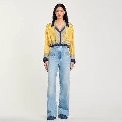 Ensembles|Tops & Chemises*SANDRO Chemise Courte En Soie Imprimée Jaune / Bleu