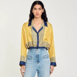 Ensembles|Tops & Chemises*SANDRO Chemise Courte En Soie Imprimée Jaune / Bleu