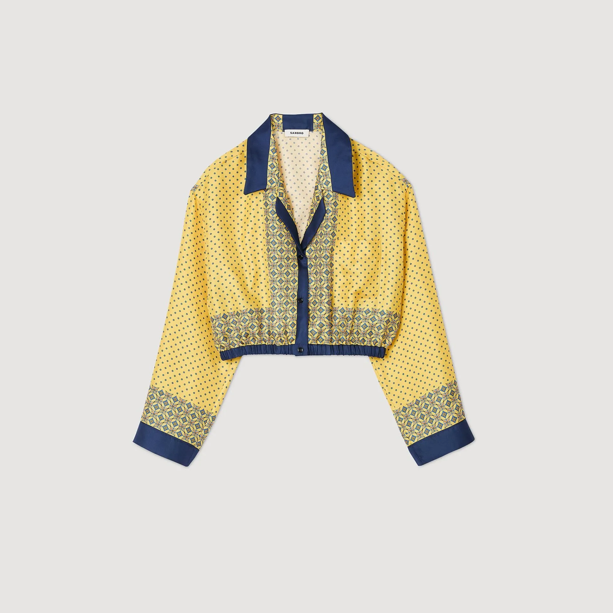 Ensembles|Tops & Chemises*SANDRO Chemise Courte En Soie Imprimée Jaune / Bleu