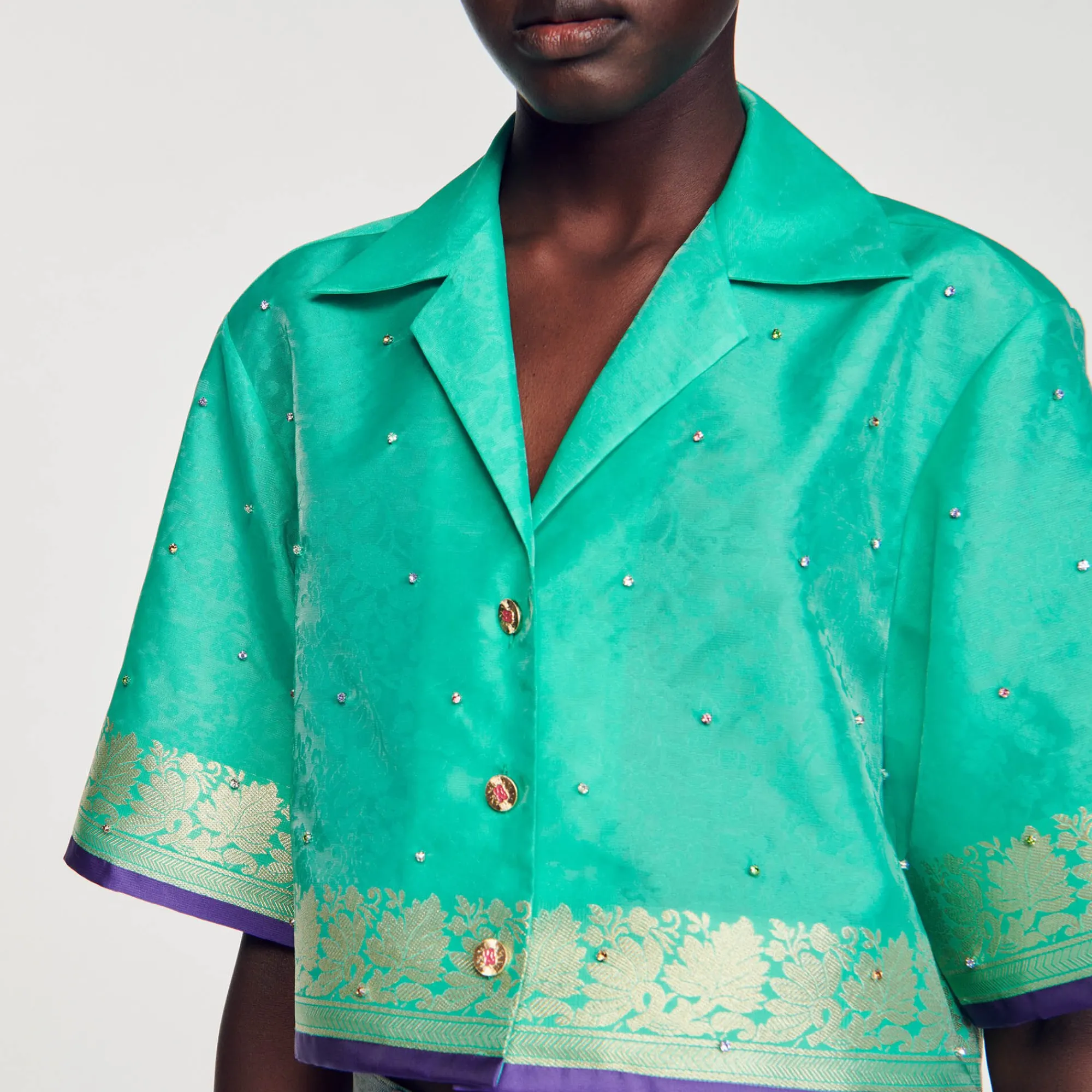 Tops & Chemises*SANDRO Chemise Courte Jacquard Strass Bleu Vert