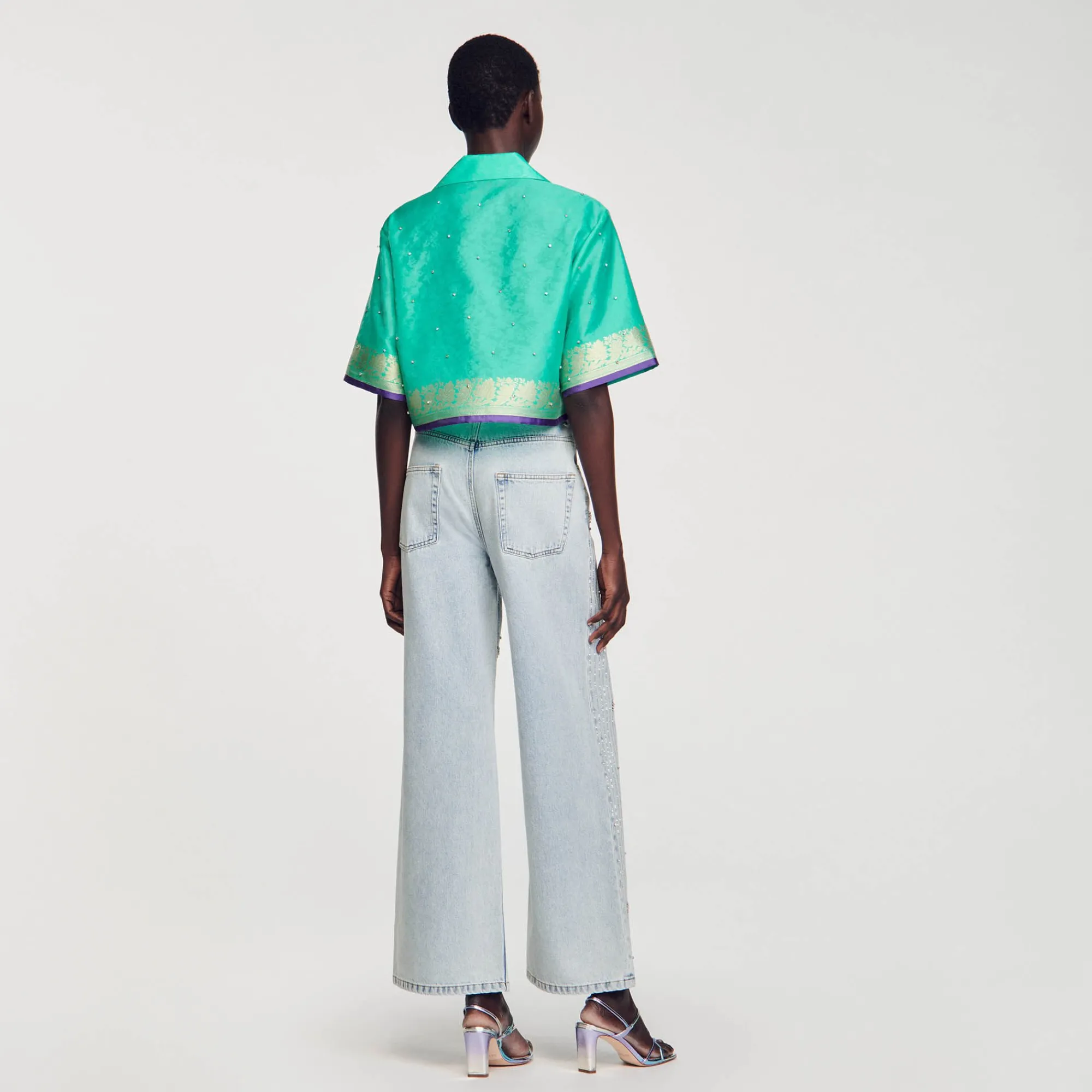 Tops & Chemises*SANDRO Chemise Courte Jacquard Strass Bleu Vert