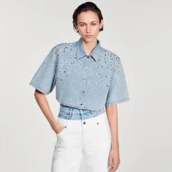 Ensembles|Tops & Chemises*SANDRO Chemise Courte Strassée Bleu jean clair