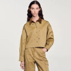 Tops & Chemises*SANDRO Chemise Courte Strassée Kaki