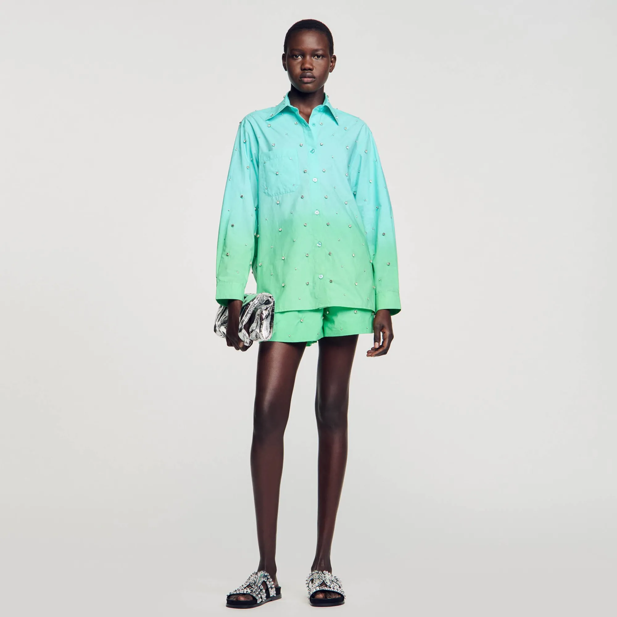 Ensembles|Tops & Chemises*SANDRO Chemise Dip Dye Strassée Bleu Vert