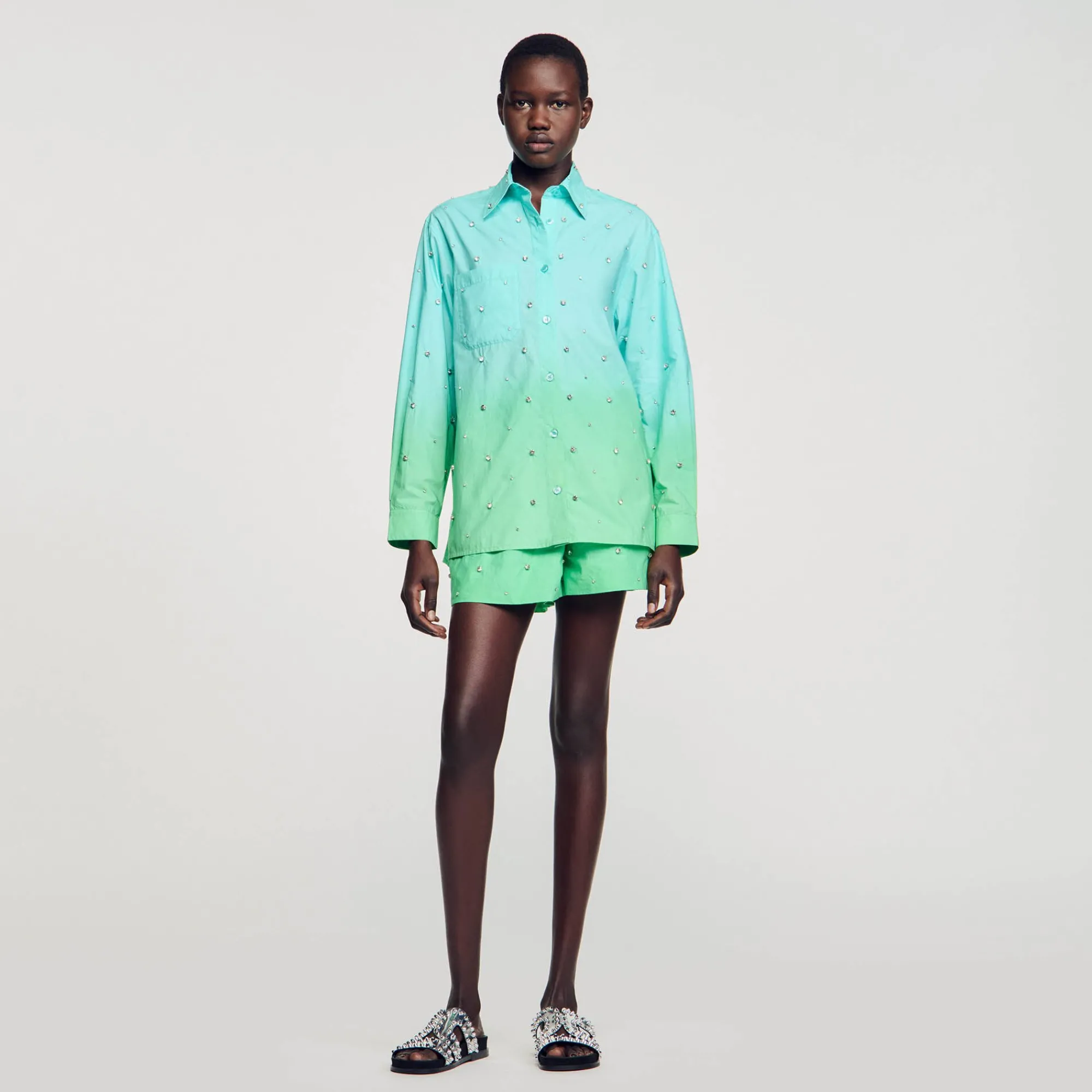 Ensembles|Tops & Chemises*SANDRO Chemise Dip Dye Strassée Bleu Vert