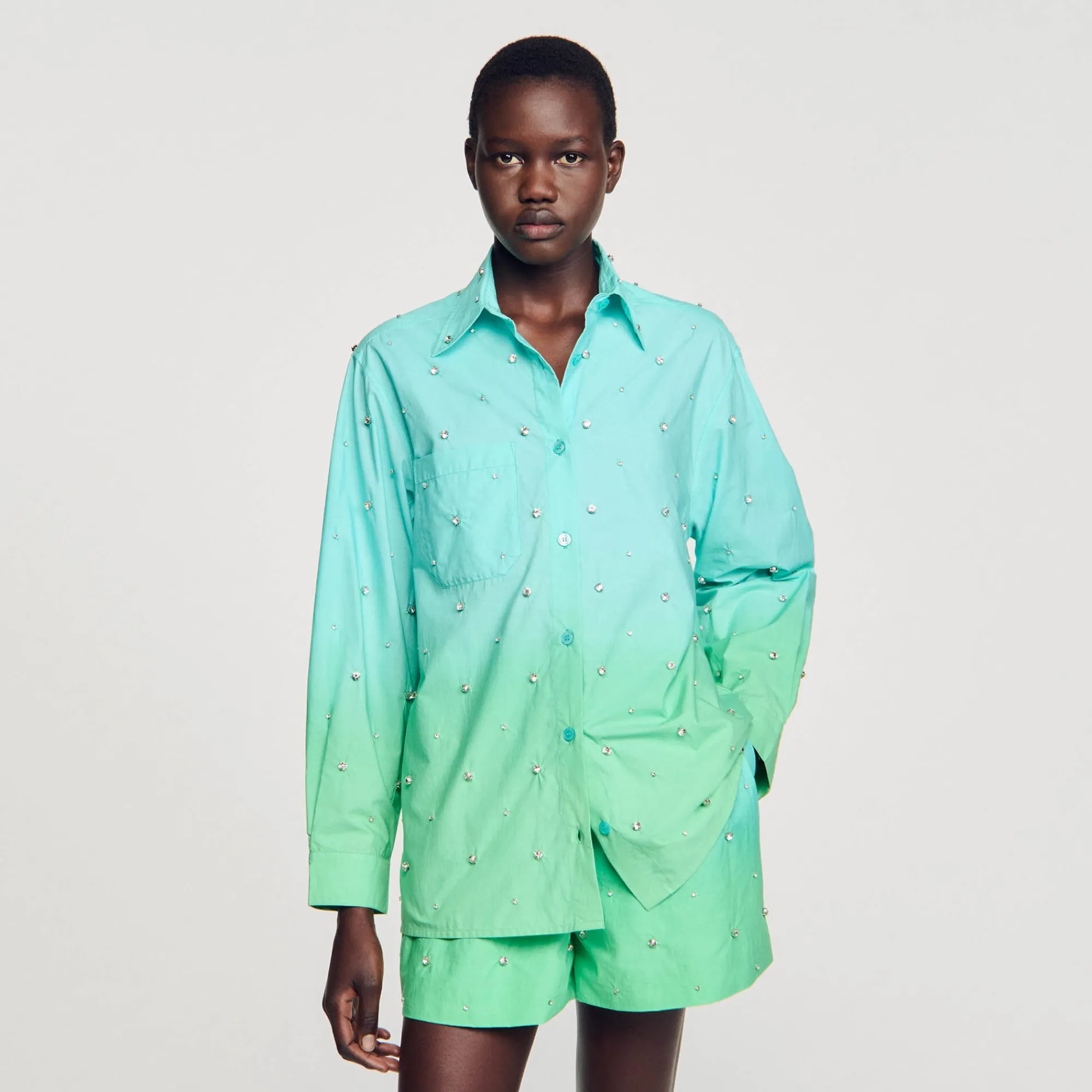 Ensembles|Tops & Chemises*SANDRO Chemise Dip Dye Strassée Bleu Vert