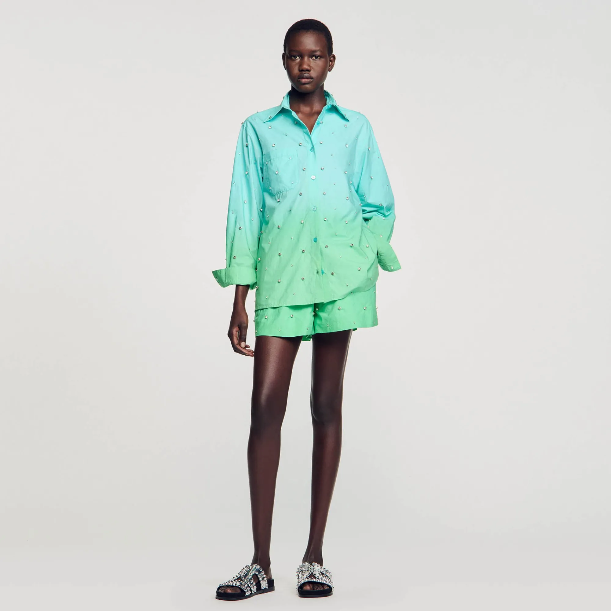 Ensembles|Tops & Chemises*SANDRO Chemise Dip Dye Strassée Bleu Vert