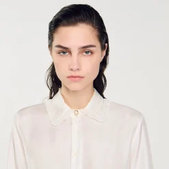 Tops & Chemises*SANDRO Chemise En Soie Avec Col Bordé De Plissé Ecru