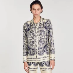 Ensembles|Tops & Chemises*SANDRO Chemise En Soie Imprimée Beige / Marine