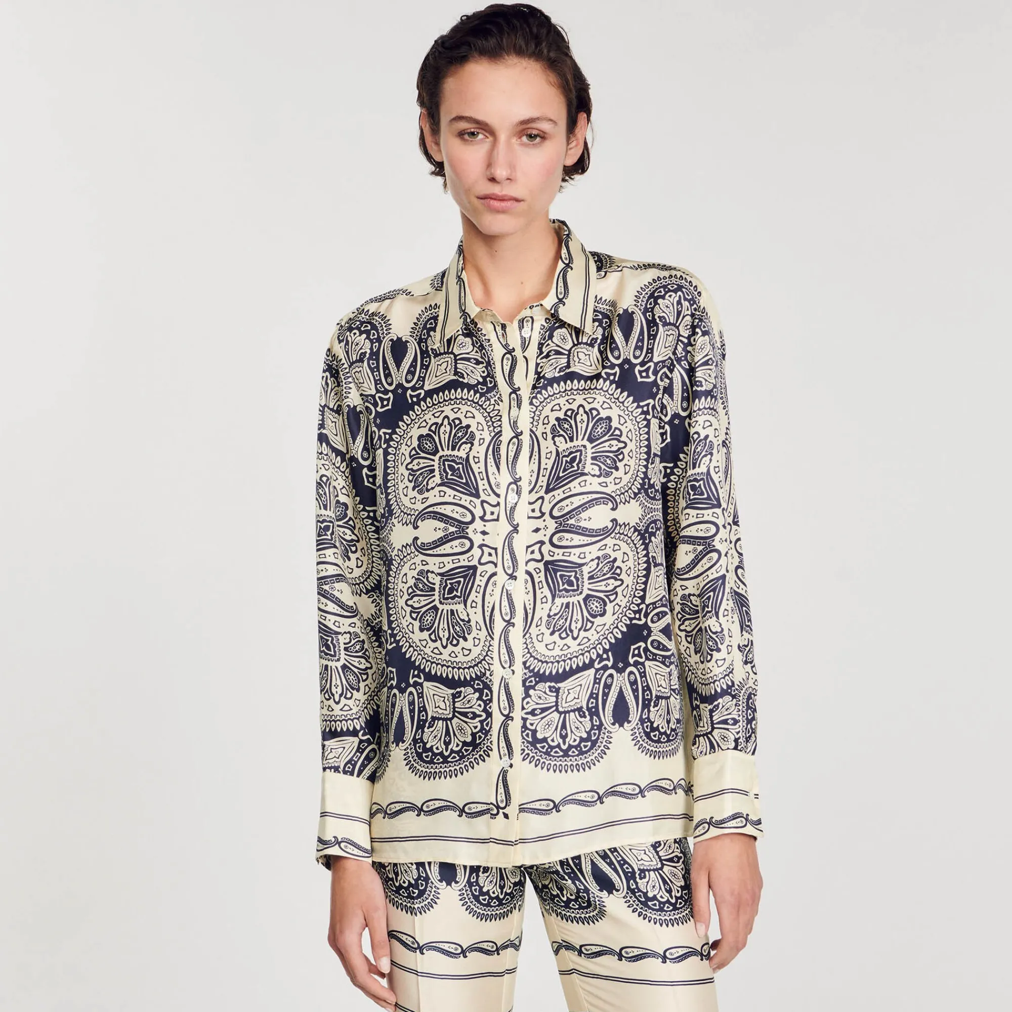 Ensembles|Tops & Chemises*SANDRO Chemise En Soie Imprimée Beige / Marine