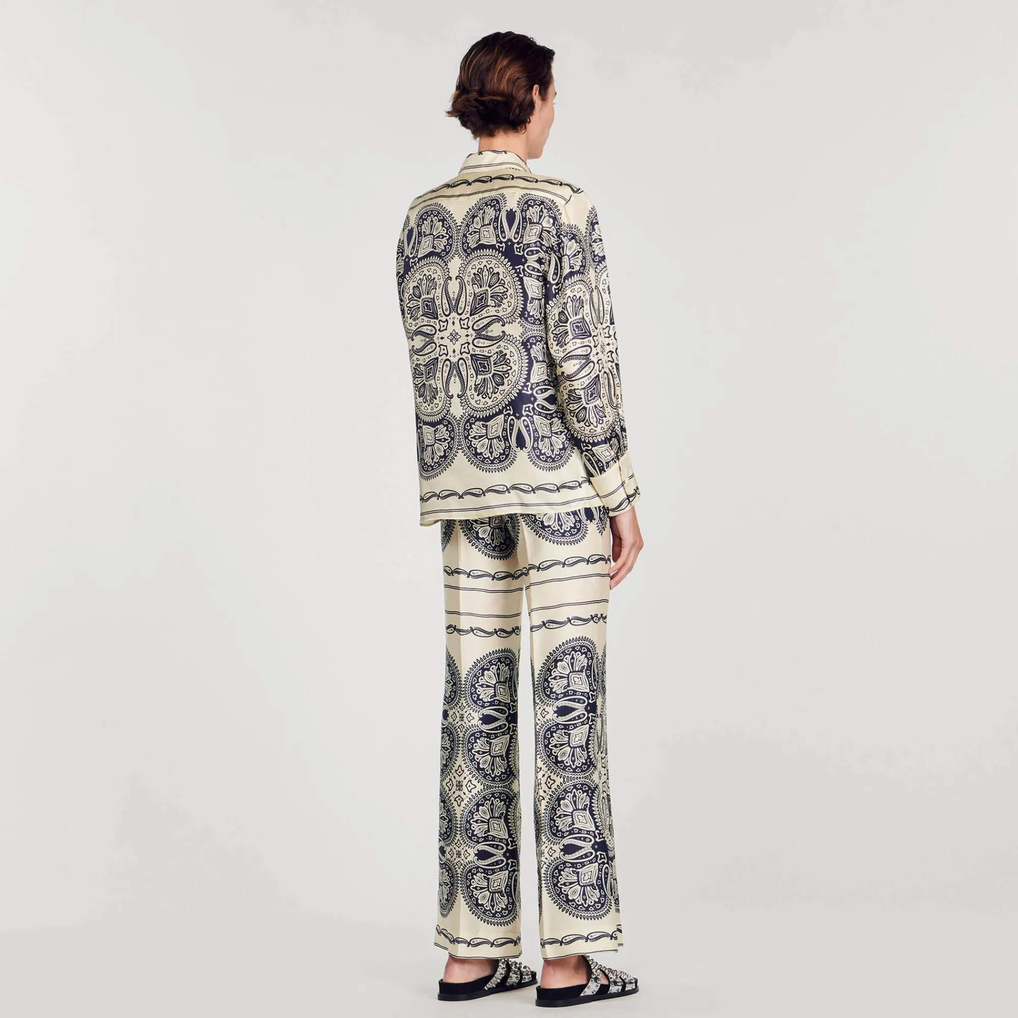 Ensembles|Tops & Chemises*SANDRO Chemise En Soie Imprimée Beige / Marine