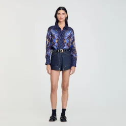 Ensembles|Tops & Chemises*SANDRO Chemise En Soie Imprimée Marine / Or