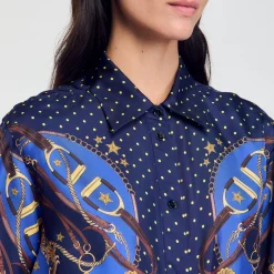 Ensembles|Tops & Chemises*SANDRO Chemise En Soie Imprimée Marine / Or