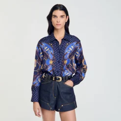 Ensembles|Tops & Chemises*SANDRO Chemise En Soie Imprimée Marine / Or