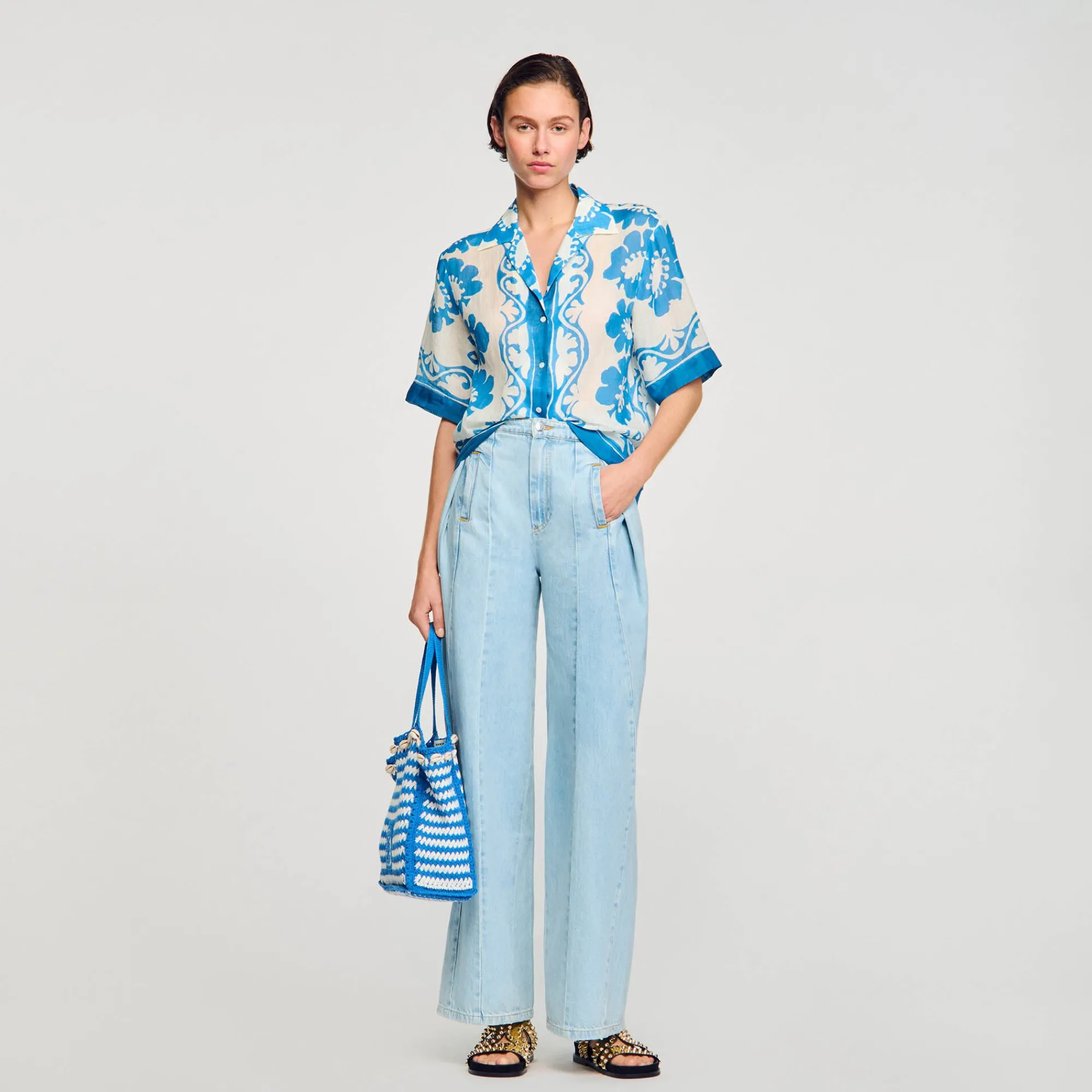 Tops & Chemises*SANDRO Chemise Imprimée Bleu / Blanc