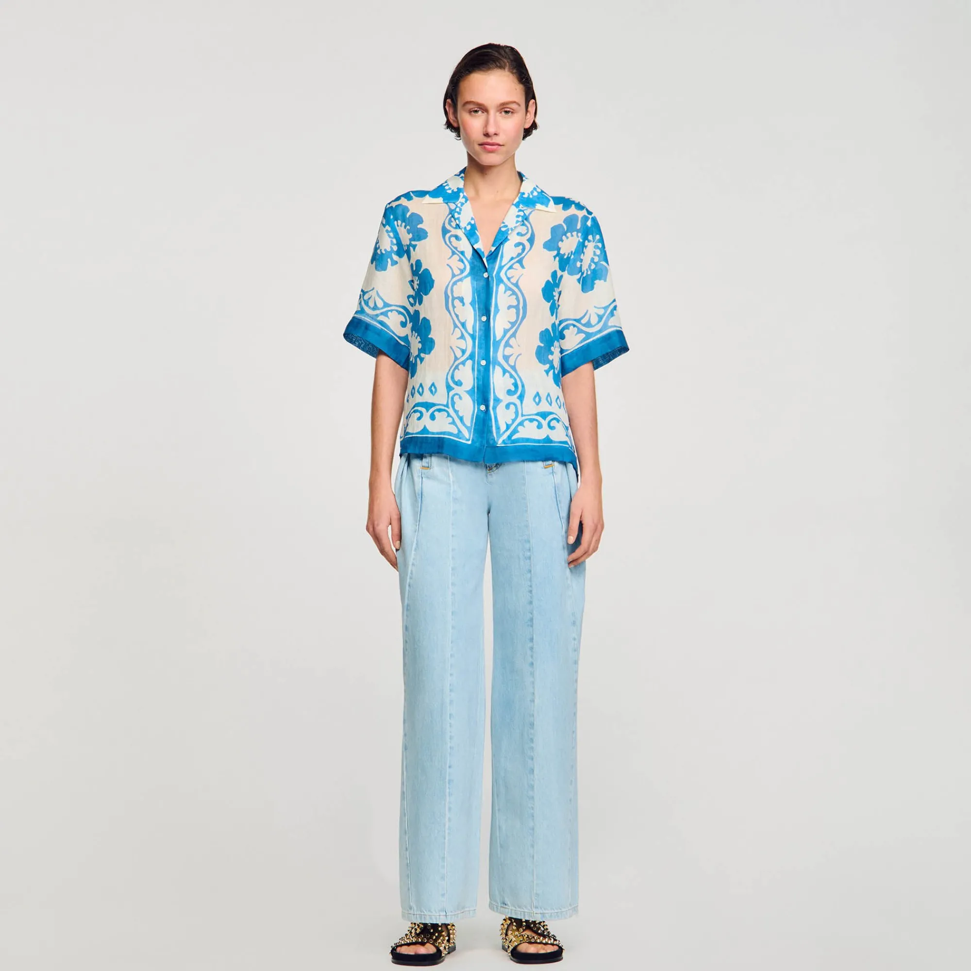 Tops & Chemises*SANDRO Chemise Imprimée Bleu / Blanc