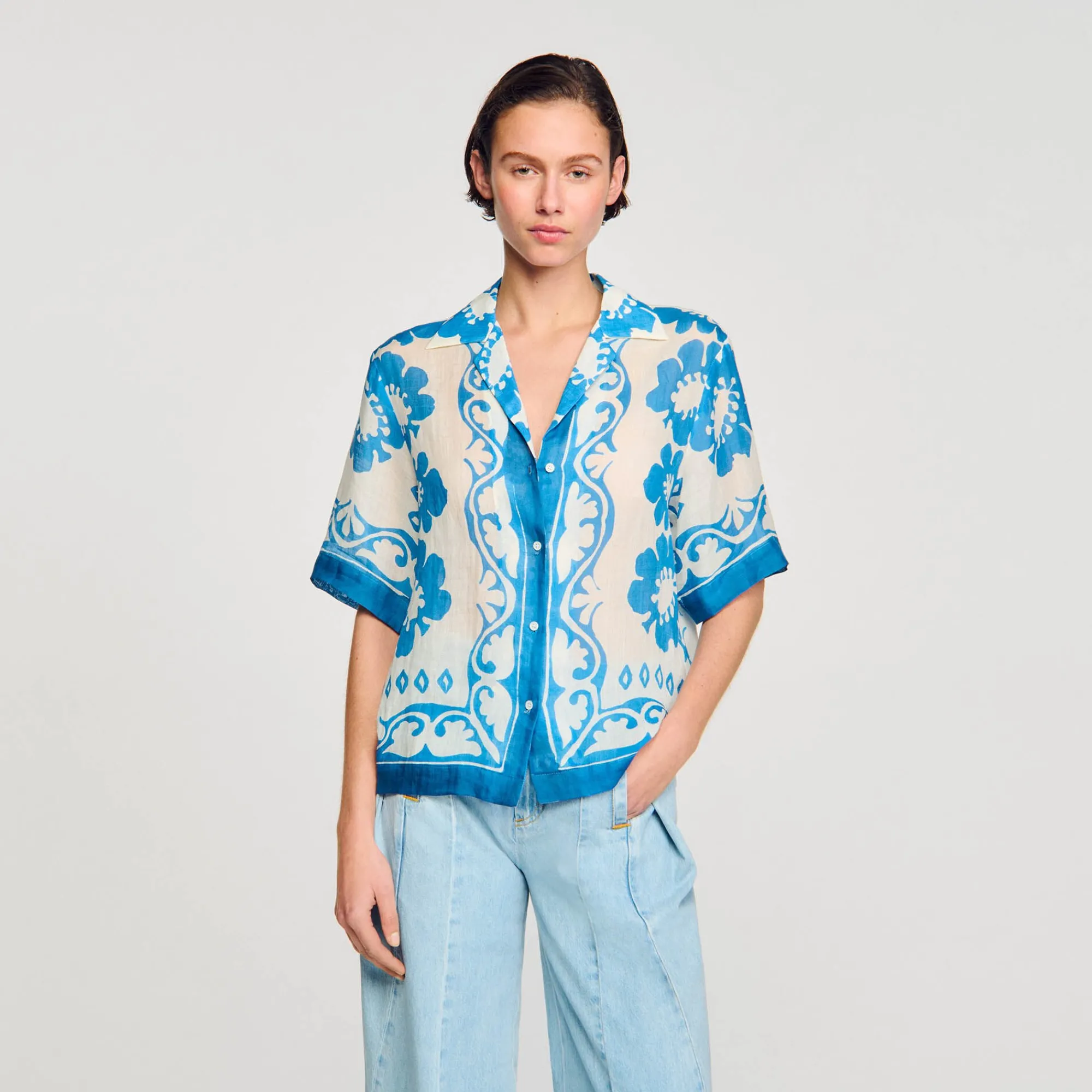 Tops & Chemises*SANDRO Chemise Imprimée Bleu / Blanc