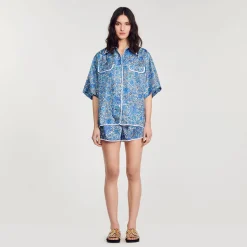 Ensembles|Tops & Chemises*SANDRO Chemise Large En Soie à Imprimé Fleuri Bleu / Blanc