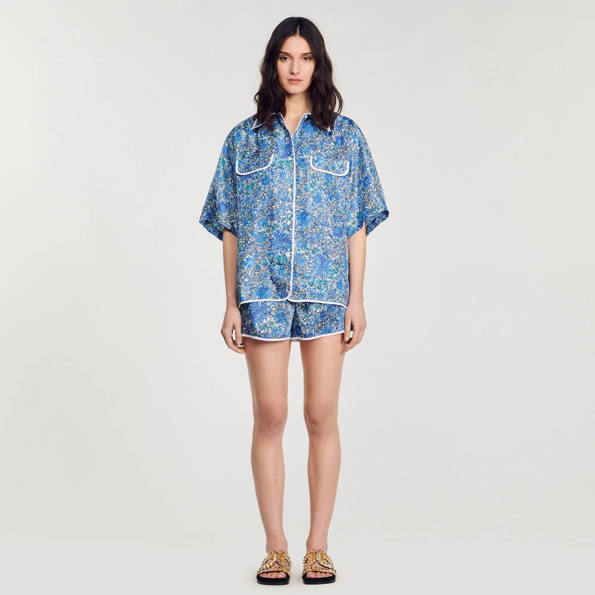 Ensembles|Tops & Chemises*SANDRO Chemise Large En Soie à Imprimé Fleuri Bleu / Blanc