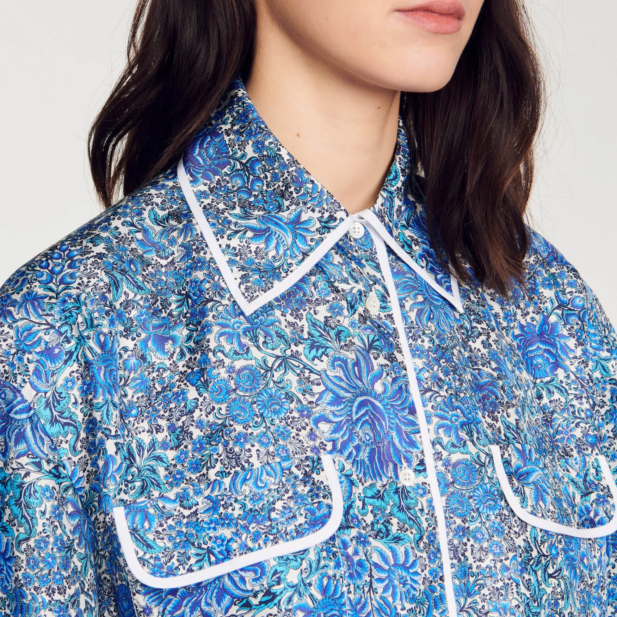 Ensembles|Tops & Chemises*SANDRO Chemise Large En Soie à Imprimé Fleuri Bleu / Blanc