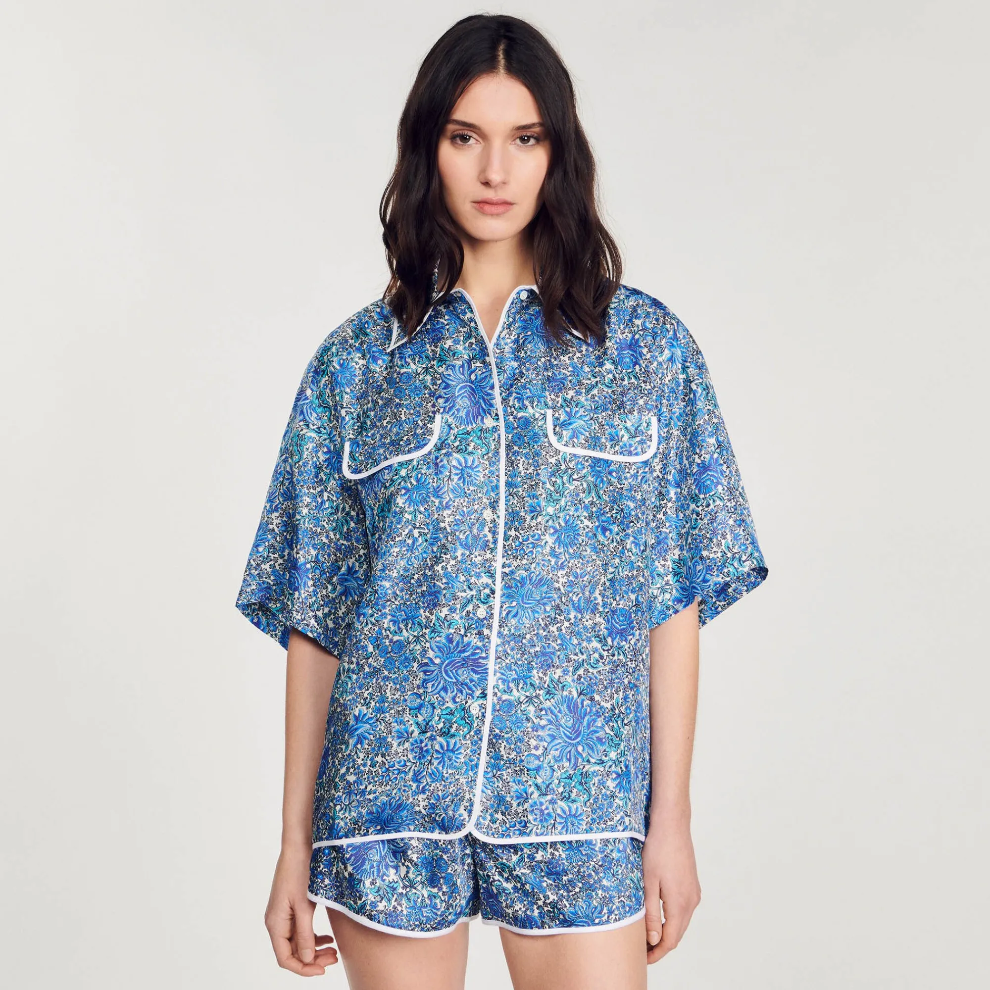 Ensembles|Tops & Chemises*SANDRO Chemise Large En Soie à Imprimé Fleuri Bleu / Blanc