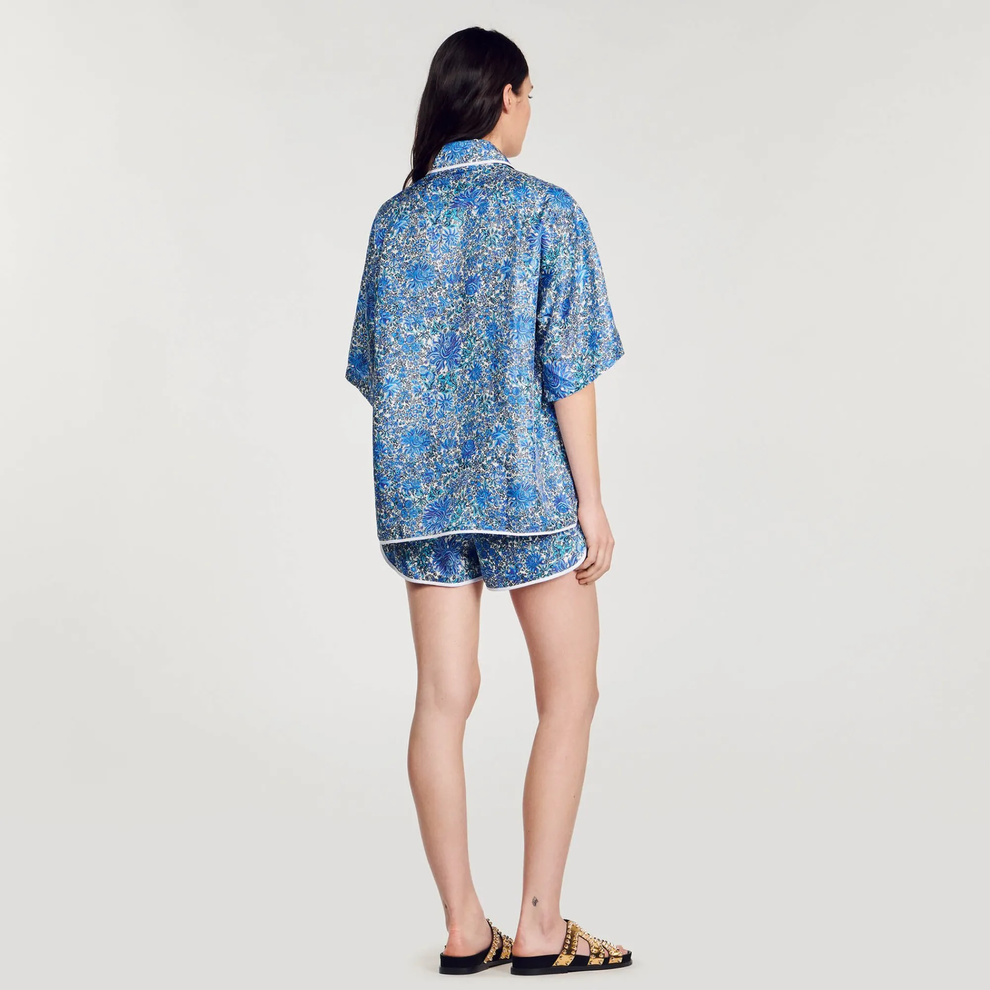 Ensembles|Tops & Chemises*SANDRO Chemise Large En Soie à Imprimé Fleuri Bleu / Blanc