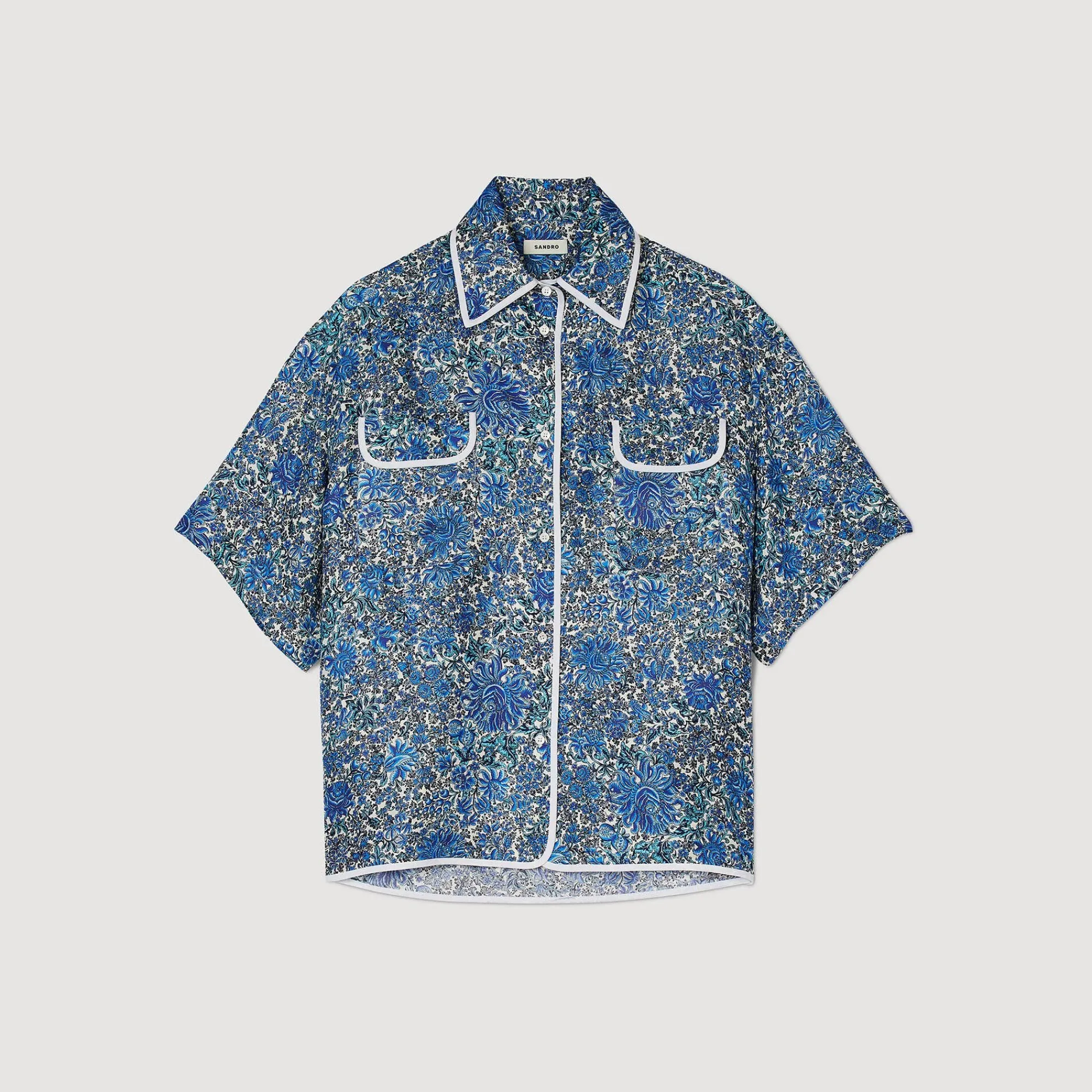 Ensembles|Tops & Chemises*SANDRO Chemise Large En Soie à Imprimé Fleuri Bleu / Blanc