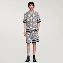 Chemises*SANDRO Chemise Manches Courtes Square Cross Ecru / Marine