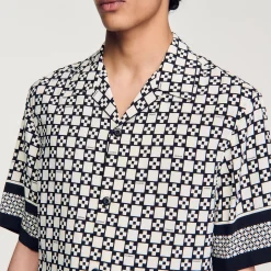 Chemises*SANDRO Chemise Manches Courtes Square Cross Ecru / Marine