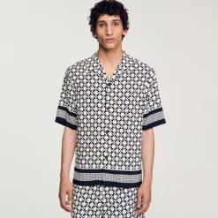 Chemises*SANDRO Chemise Manches Courtes Square Cross Ecru / Marine