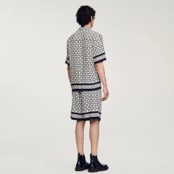 Chemises*SANDRO Chemise Manches Courtes Square Cross Ecru / Marine