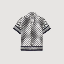 Chemises*SANDRO Chemise Manches Courtes Square Cross Ecru / Marine